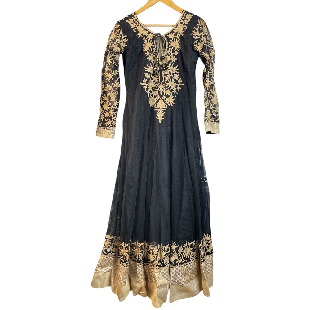 Whimsigoth Fairy Black Gold Embroidered Long Sleeve‎ Maxi Renaissance  Size 27 - Picture 2 of 7